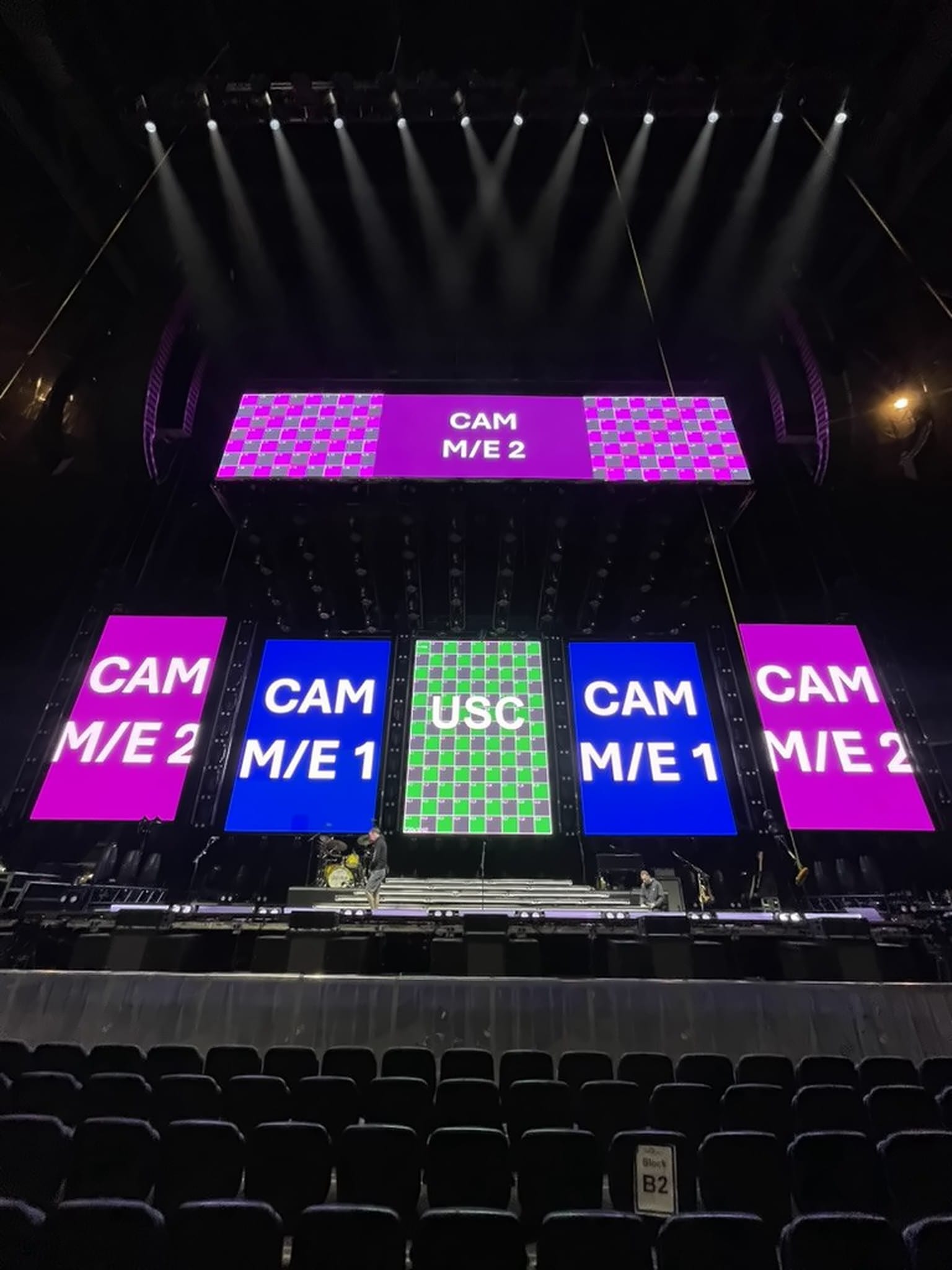 LED screens on camera and USC test labels during setup, Country 2 Country Festival, O2 Arena, March 2025.