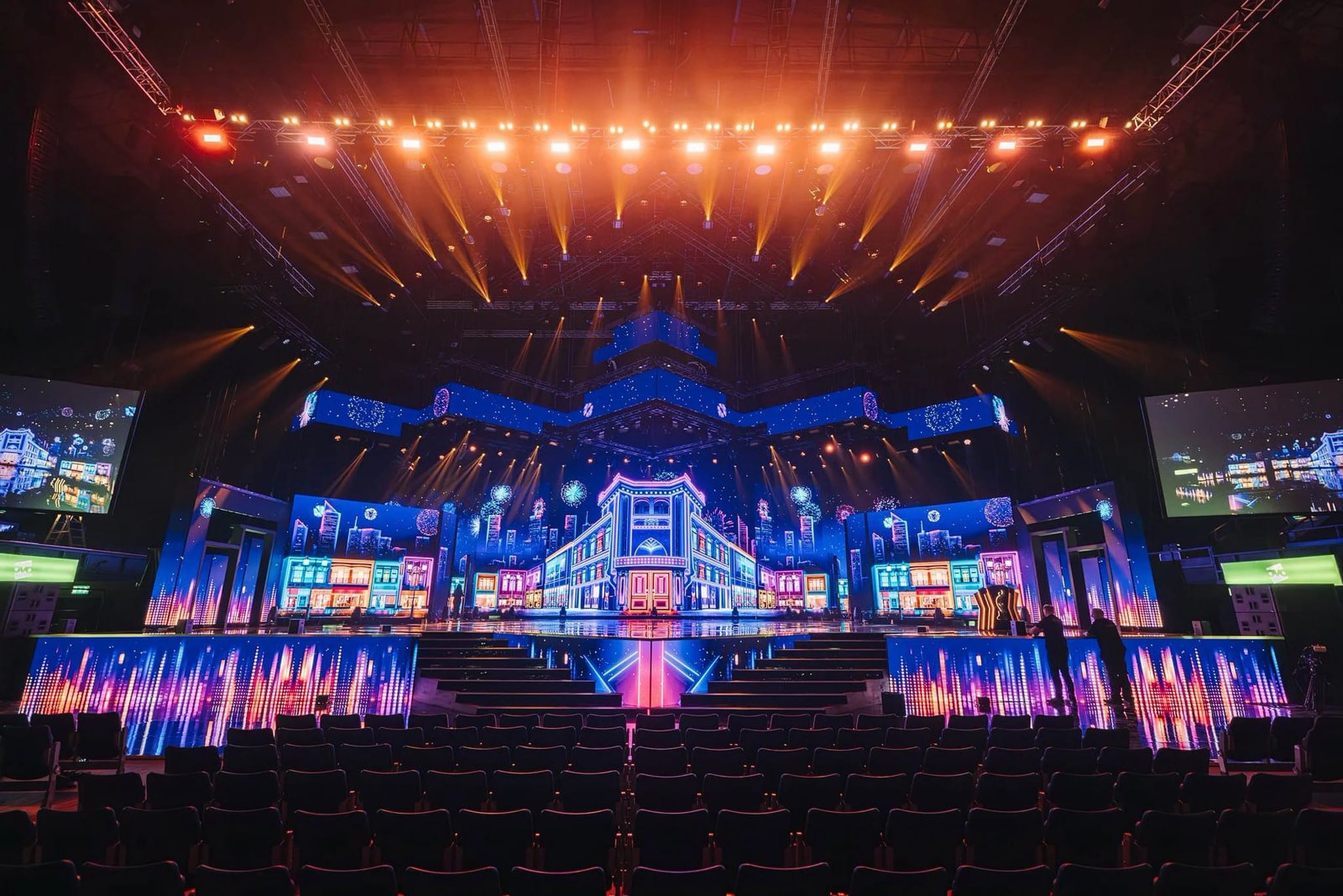 Empty arena view of the HUM Awards LED stage, chevron truss and IMAG screens, OVO Wembley 2024.
