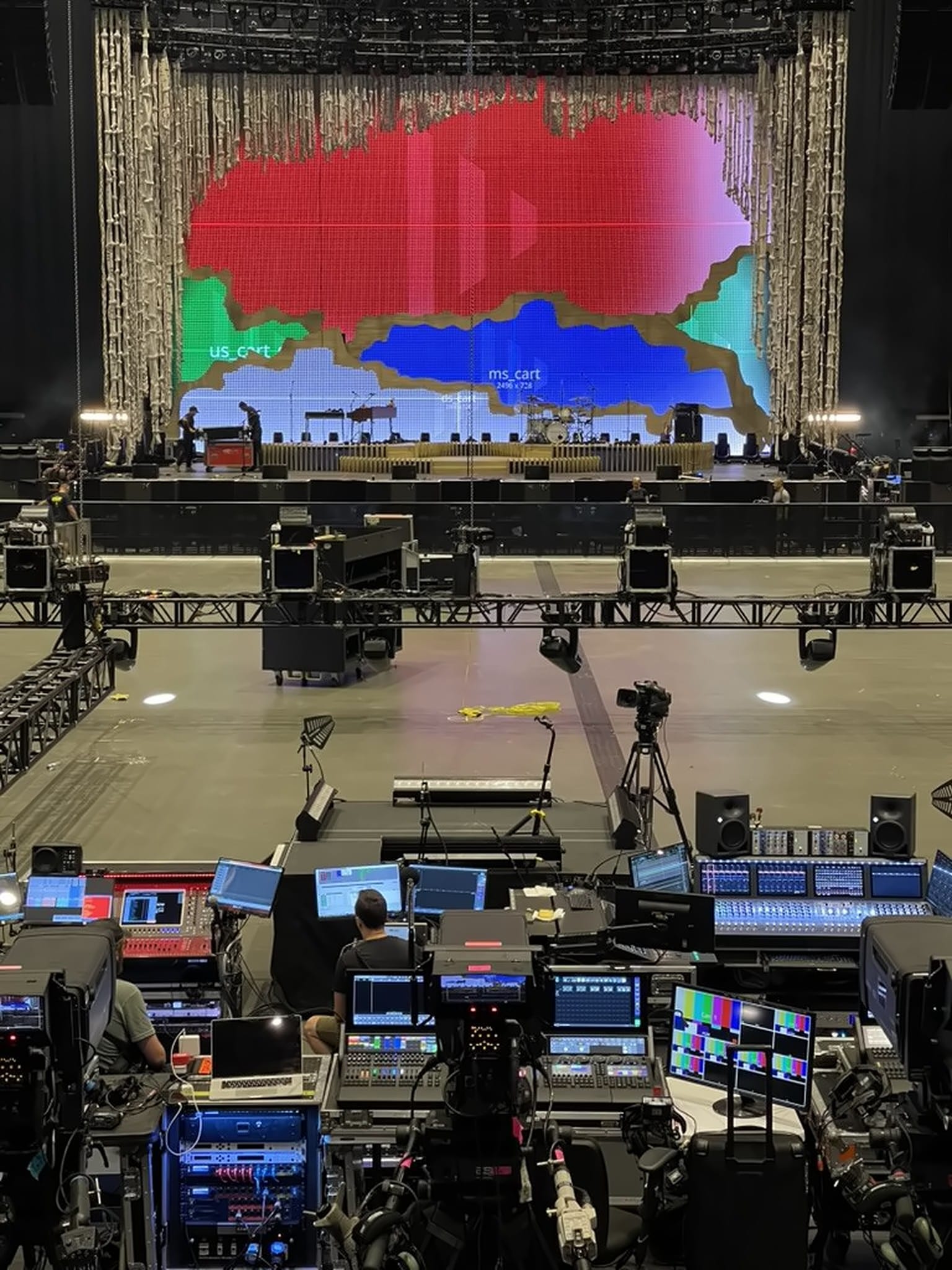 Front of house looking at an LED wall on mapping test patterns, Noah Kahan We’ll All Be Here Forever UK and Europe Tour 2024.