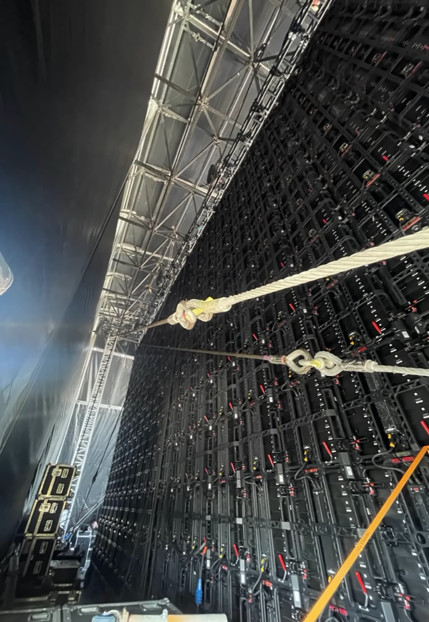 Rear of the LED wall: modules, data, and truss, On the Waterfront, June 2024.