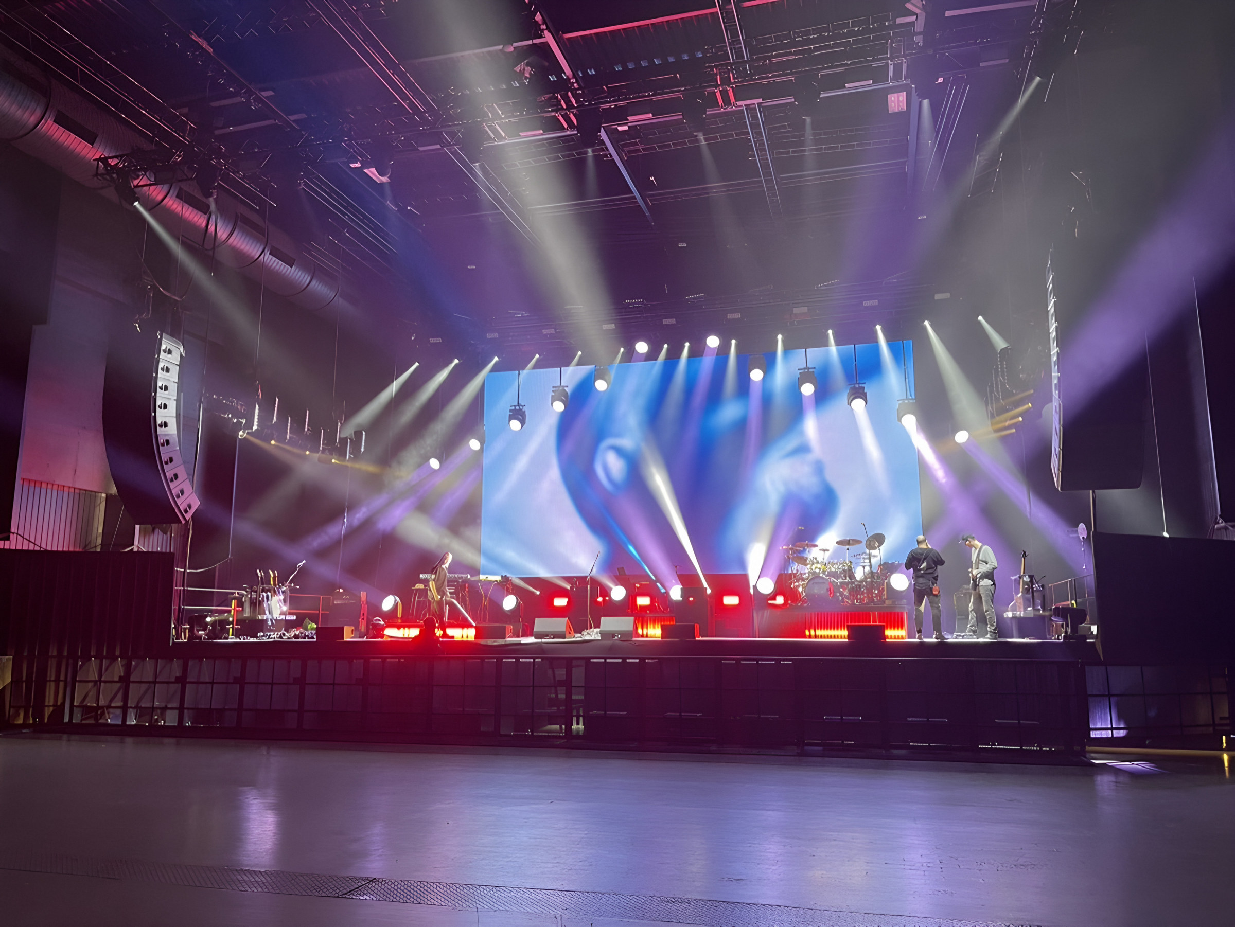 Wide arena view of the Porcupine Tree Closure/Continuation stage, LED screen, PA hangs and lighting, 2022.