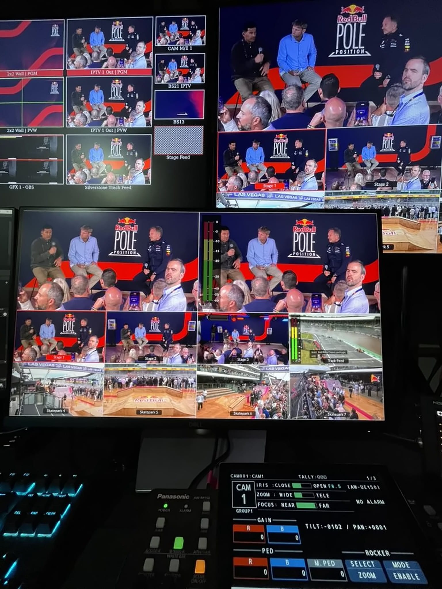 Video desk with a PTZ controller and multiview monitors showing Red Bull Pole Position stage and track feeds, British Grand Prix 2025.