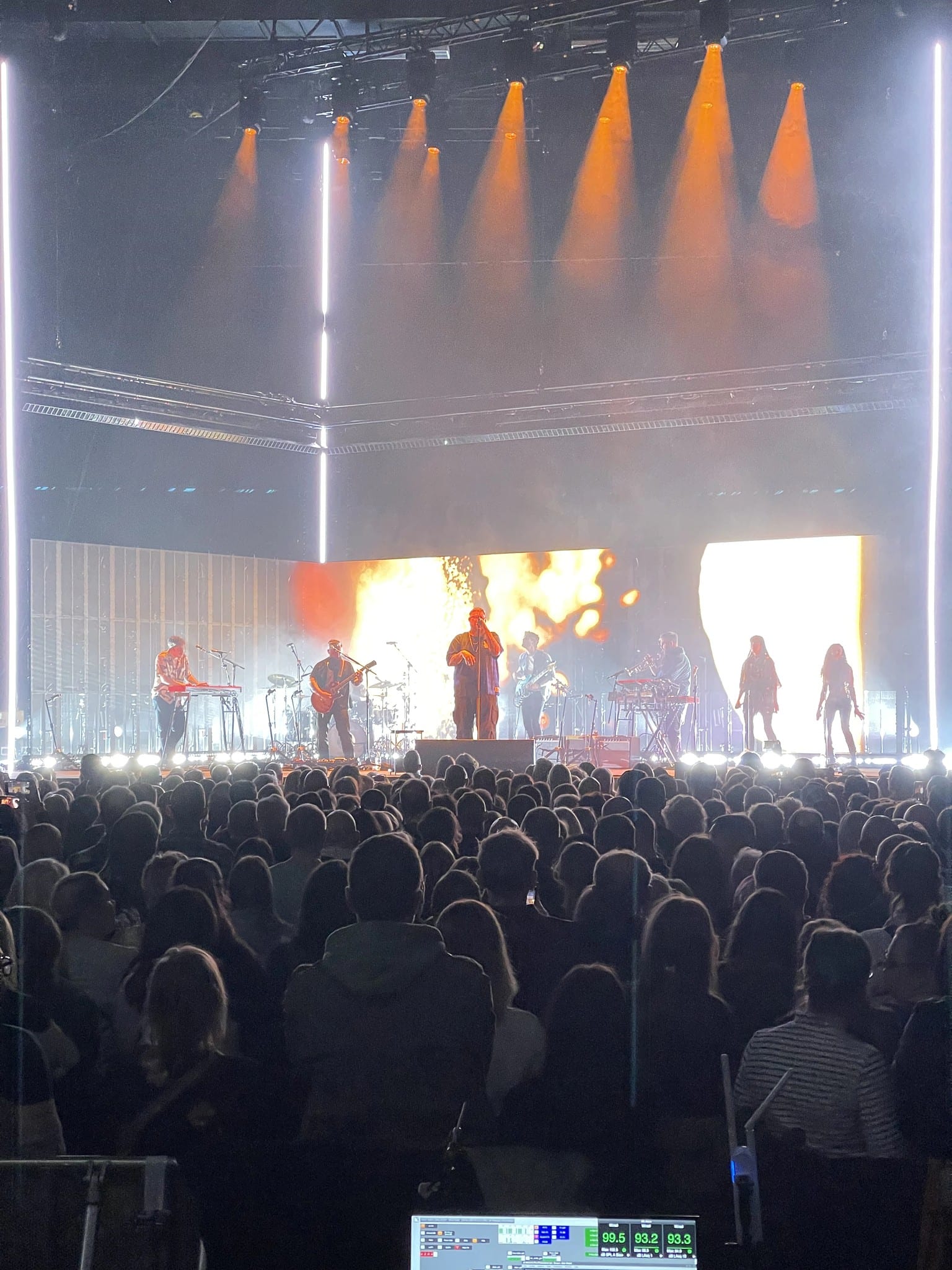 Show look: lava LED wall, band and crowd, media-server desk in the foreground, Rag'n'Bone Man 2024 UK and EU tour. Hover or tap to play.
