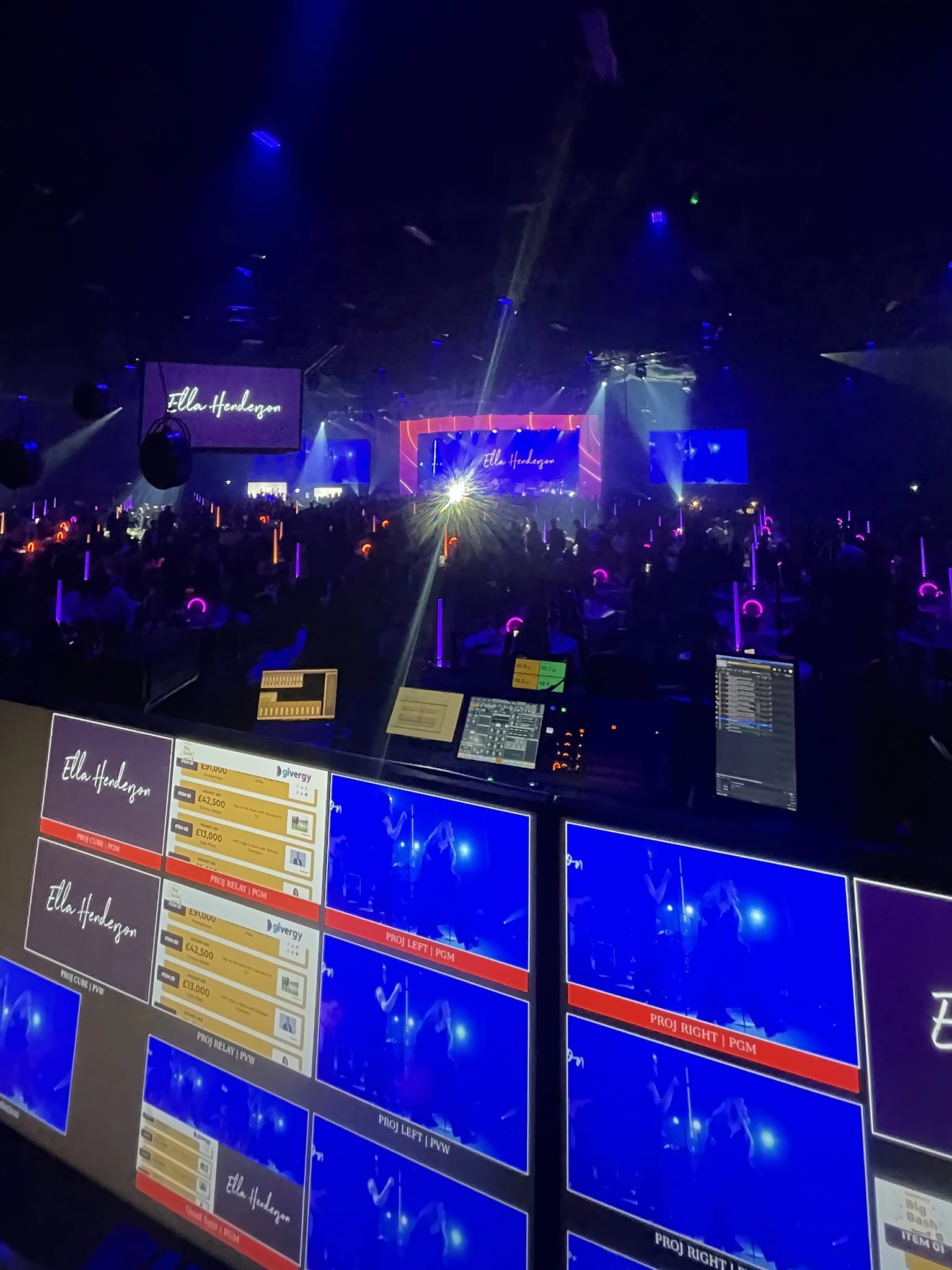 Projector program and preview monitors at the control position, Sainsbury's Big Bash, Evolution London, December 2025.