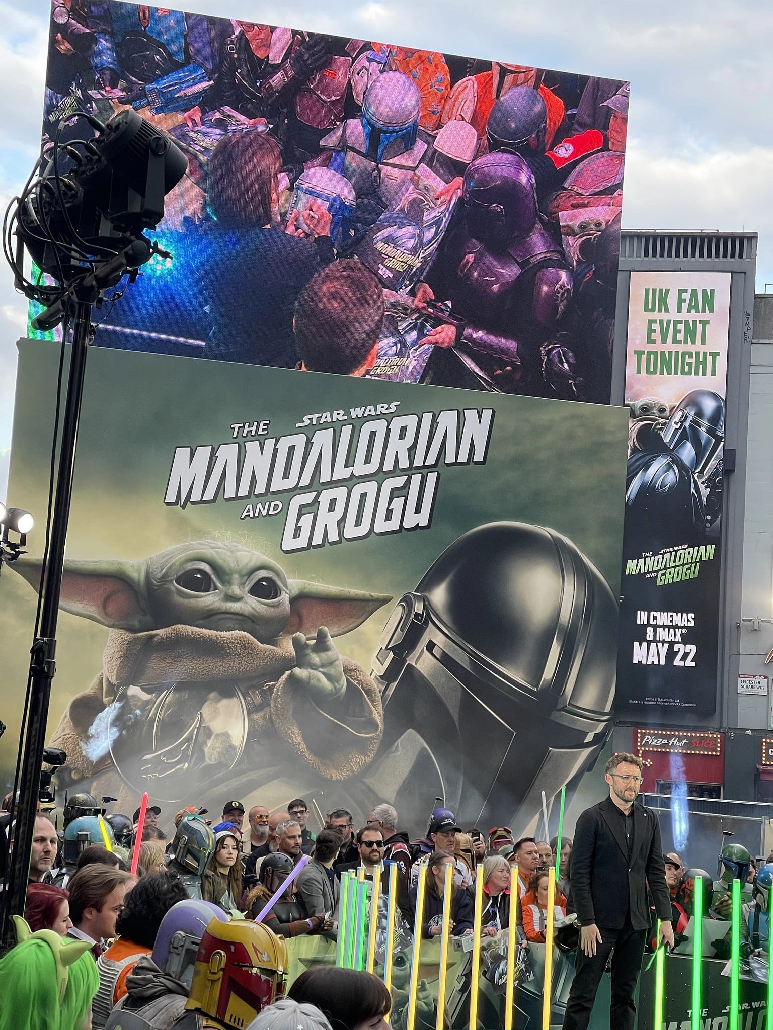 Title wall for Star Wars The Mandalorian and Grogu, UK fan event, Leicester Square, May 2026.